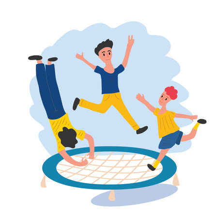 Three boys jump on a trampoline. Children actively spend their free time. Fitness, jumping, sports equipmentのイラスト素材