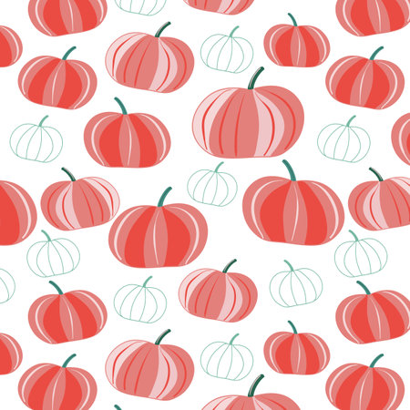 Pumpkin flat hand drawn seamless pattern. Healthy nutrition cartoon texture. Organic food scandinavian illustrations. Diet sketch color cliparts. Kitchen textile, backgroundのイラスト素材