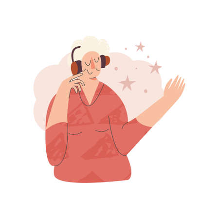 Elderly woman listen music in headphones. Well-being senior character. Aged people wellness, slow life, mental health concept. Active pensioner modern flat vector illustrationのイラスト素材