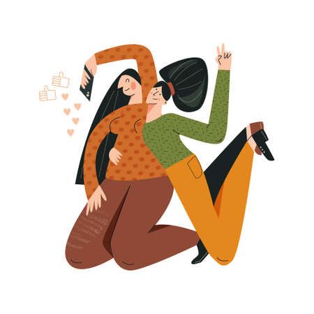 Blogger girl concept flat vector cartoon illustration. Live streaming, broadcast, social networks. Trendy young female character with smartphone. Funny cheerful ladyのイラスト素材