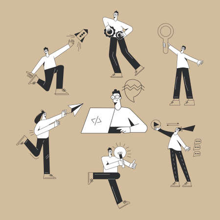 Set of remote developers team of programmers web developers designers collaborating on software project. Black and white flat vector character illustrationのイラスト素材