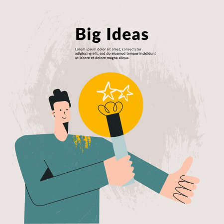 Developing new ideas startup metaphor. Modern flat vector male character with light bulb. Business creativity and inspiration concepts with lightbulb. Young man illustrationのイラスト素材