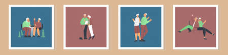 Set of card with elderly people lifestyle. Senior couple having fun. Old lady and gentlemen leisure. Collection of senior citizen flat vector cartoon illustrationのイラスト素材