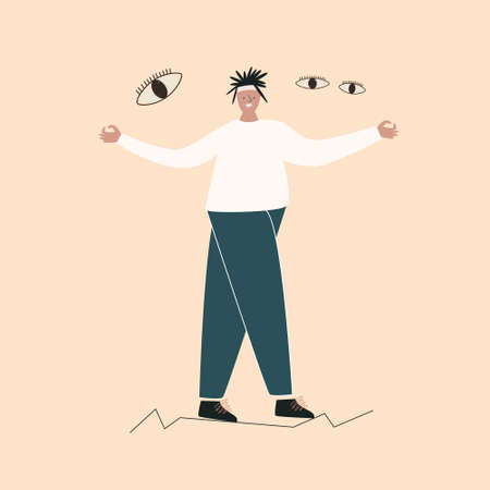 Depressed black woman with nervous problem feel anxiety and confusion of thoughts. Panic attack of young african girl. Solitude fear or mental health problems conceptのイラスト素材