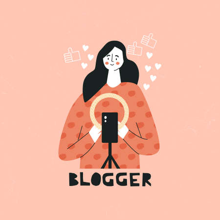 Blogger promotion service and good for her followers online Young female vlogger recording video. Cute funny girl creating content. Flat cartoon vector illustration with trendy characterのイラスト素材