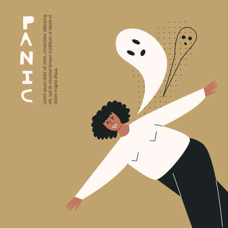 Frustrated black woman with nervous problem feel anxiety and confusion of thoughts. Panic attack in public place. Sad african girl flat vector cartoon illustrationのイラスト素材