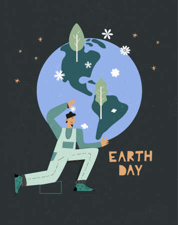 Earth day protect nature and ecology concept. People take care about planet. Globe with trees, plants, flowers and eco volunteer character. Flat vector cartoon illustrationのイラスト素材