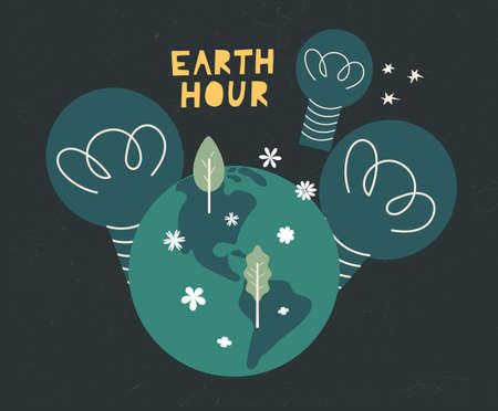 Earth hour day concept card cartoon illustration. Support promise for planet actions, change global world. Environmental threat. Flat vector design for poster, web, backgroundのイラスト素材