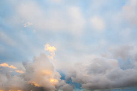 Fantastic white cloud background and texture. Abstract wallpaper with pastel color sky. Freedom and fresh air concept. Soft blur scenic weather photo with copy spaceの写真素材