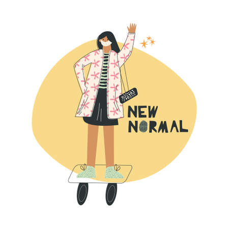 New normal concept Young hispanic woman on a hoverboard wearing mask in public place. Life style with medical facial mask. Flat vector cartoon illustration with lettering isolated on white backgroundのイラスト素材