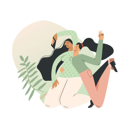 Beauty blogger Portrait of young cute funny girls doing selfie with smartphone. Eco natural green blogging and vlogging concept. Character creating content. Flat vector cartoon isolated illustrationのイラスト素材