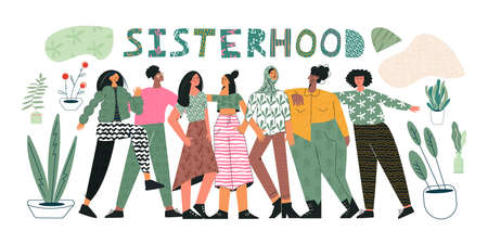 Sisterhood concept Group of young women girls or feminists standing together. Unity and feminism. Female diverse character of different ethnicity. Flat vector cartoon illustration isolated on whiteのイラスト素材