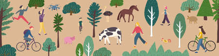 Set of various tiny people and farm animals Farmland banner template. Cartoon male and female...