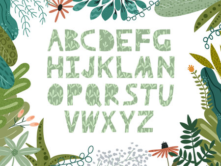 Green textured floral alphabet font uppercase letters with flowers leaves and isolated on white background. Flat cartoon vector illustration for wedding, greeting cards, invitations template designのイラスト素材