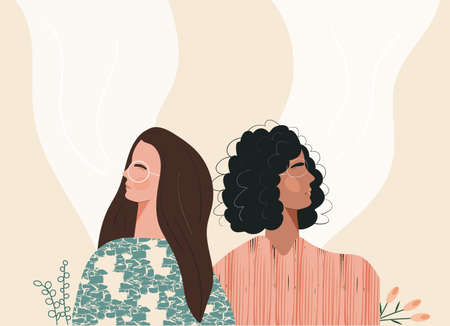 Deep breath of young boho diverse women. Beautiful face with closed eyes practicing yoga breath meditation feels calmness. Modern illustration by female beauty and mental femininity, feminismのイラスト素材