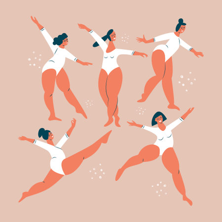 Body positive Smiling and dancing plus size women in swimsuit. Chubby girls gymnasts and ballerinas. Attractive overweight cartoon female character. Flat vector illustration isolated on backgroundのイラスト素材