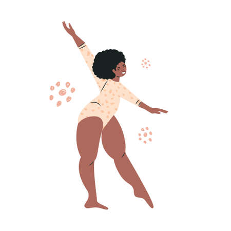 Body positive plump african american woman. Plus size girl in bikini swimsuit. Chubby large lady model, gymnast and ballerina. Dancing overweight cartoon female character. Flat vector illustrationのイラスト素材