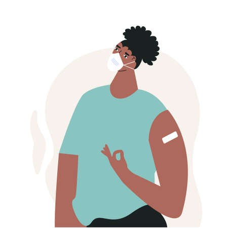 Young casual man after vaccination concept Vaccine injection in arm, shoulder. Male character after getting vaccine. African american guy in face mask with ok gesture. Flat vector cartoon illustrationのイラスト素材