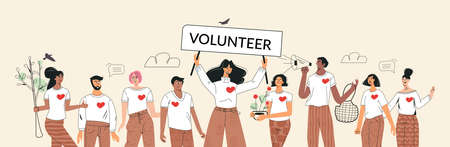 Green volunteers and volunteering concept. Set of diverse people save ecology environment. Zero...