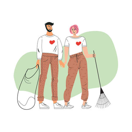 Volunteer friends couple and volunteering concept. Diverse people or ecologists collecting garbage. Altruistic activity, environmental protection. Flat outline vector illustration isolated on whiteのイラスト素材