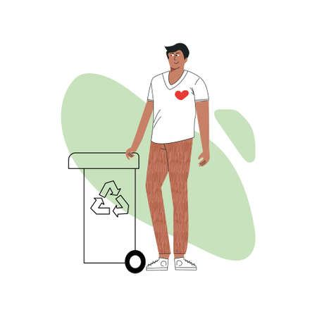 Volunteer and volunteering recycling concept. Young man or ecologist collecting garbage. Altruistic activity, environmental protection. Flat outline cartoon vector illustration isolated on whiteのイラスト素材