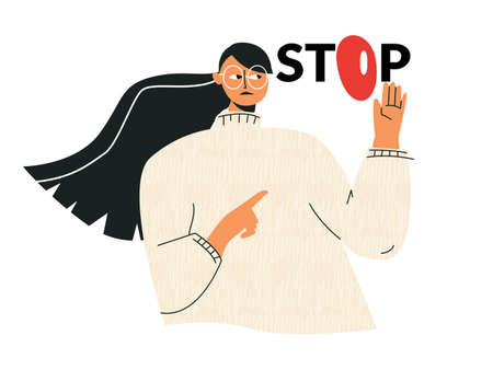 Stop Asian hate concept Support Asian Americans communities. Anti AAPI campaign. Stop racism, race equality banner. Girl with danger sign. Flat cartoon vector illustration isolated on white backgroundのイラスト素材