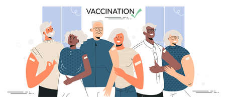 Vaccination of the elderly Senior people after vaccinate concept. Group of diverse elderly couple stand together. Old character getting vaccine for immunity health. Flat vector cartoon illustrationのイラスト素材
