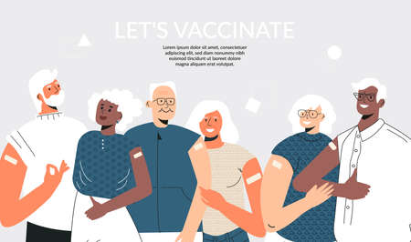 Senior people after vaccinate concept Vaccination of the elderly. Group of diverse mature couple stand together. Grandparents getting vaccine for immunity health. Flat vector illustration for bannerのイラスト素材