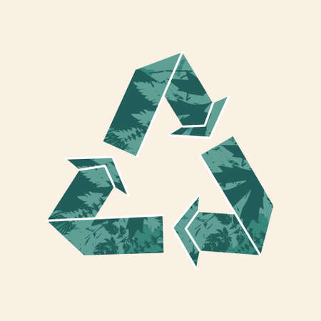 Recycle symbol with green plant leaf trees forest texture. Eco-friendly recycling sign, reuse waste cycle concept. Environmental zero waste nature friendly lifestyle. Icon flat vector illustrationのイラスト素材