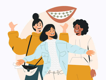 Dental braces concept vector illustration with female characters. Girls with braces on teeth. Diverse young women with dental treatment. Smiling trendy person straightening teeth in flat cartoon styleのイラスト素材