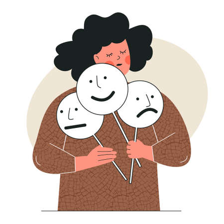 Woman holds mood masks with positive negative emotions. Girl plays a role, searching identity. Personality change concept. Hiding personality individuality, psychological problem vector illustrationのイラスト素材