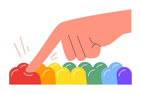 Poppit fidget antistress sensory toy. Hand pop it colorful silicone bubbles. Simple dimple rainbow gadget for active kid. Finger touch to point to relieve. Sensory game. Flat vector illustrationのイラスト素材