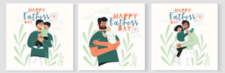 Set of Happy Fathers Day greeting cards templates with cute characters of daddy with child. Dad holding his son or daughter. Cute vector illustration for a holidays poster. Fatherhood, family conceptのイラスト素材