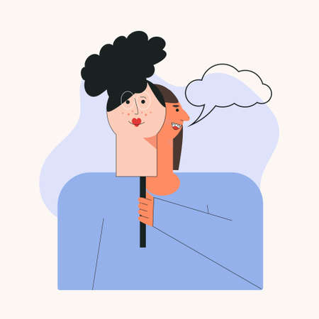 Woman covering her face with mask Concept of changing natural personality to conform to social requirements and pressure. Fake identity, scammer girl flat vector cartoon illustration isolated whiteのイラスト素材