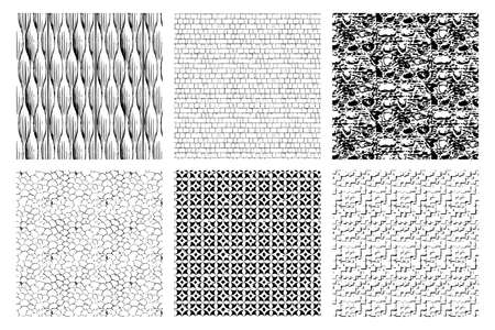 Set of monochrome black and white pattern texture background. The striking pattern to add texture to the illustration. Trace textures of stone, brick, tile, wall, uneven surface. Isolated on whiteのイラスト素材