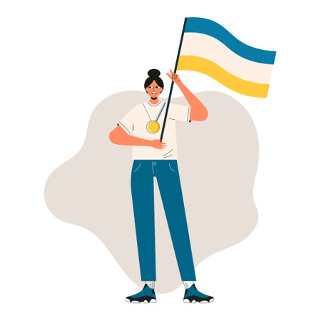 Happy woman holding golden medal and celebrating victory. Female character success, girl is competition winner, champion or leader concept, sports triumph. Flat vector cartoon isolated illustrationのイラスト素材