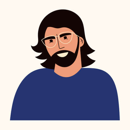 Portrait of young man with long hair and beard. Avatar of male character with eyeglasses in casual clothing. Creative person, hipster guy. Flat vector cartoon illustration isolated on white backgroundのイラスト素材