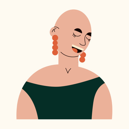 Bald young smiling girl avatar. Portrait of trendy bald woman with earrings. Happy girl defeating cancer. Fashion and alopecia. Female character with shaved head. Flat vector cartoon illustrationのイラスト素材