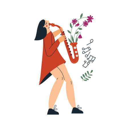 Girl playing saxophone or young woman musician with gold sax. Saxophonist female character with blooming saxophone and notes. Flowers and juzz music. Flat vector cartoon illustration isolated on whiteのイラスト素材
