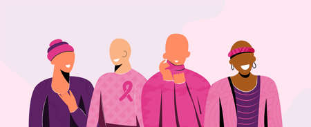 Breast Cancer Awareness Month October banner with diverse hairless women group with pink support ribbon. Bald girls fighting oncological disease. World cancer day concept. Vector cartoon illustrationのイラスト素材