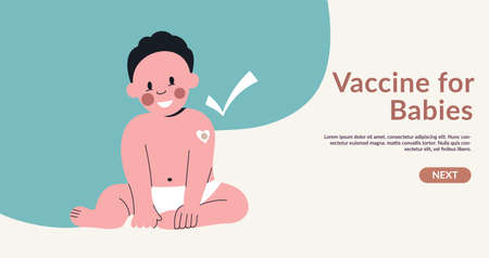 Vaccine for infant baby kids and toddler web banner template. Little child with bandage on shoulder from injection after vaccination. Healthcare and medicine concept. Flat vector cartoon illustrationのイラスト素材