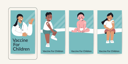 Vaccine for children or Kids after vaccination ig story template. Little girl and boy with plaster on shoulder from injection. Vaccinated baby. Medicine and healthcare for toddler. Vector illustrationのイラスト素材