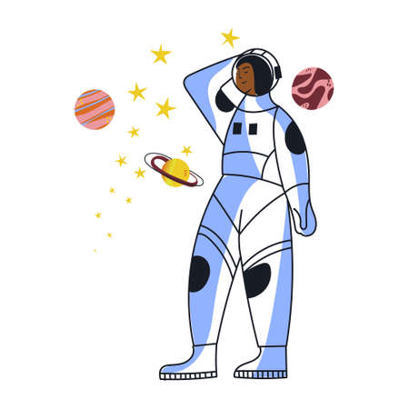 Astronaut woman in spacesuit and helmet flat vector illustration. Girl cosmonaut character. Female tourist travel in cosmos. Astronaut cartoon people isolated on white background, poster designのイラスト素材
