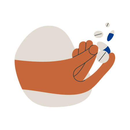 Hand holding pills tablet drugs capsules or vitamins by two fingers. Pharmacy, drug store, medicine. Human man or woman character hand holding medical pills. Flat vector cartoon illustrationのイラスト素材