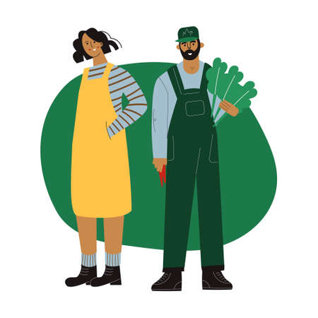 Farmers couple man and woman stands together with organic fresh green vegetables. Farm character gardening together. Countryside lifestyle, eco farm flat cartoon vector illustration, isolated whiteのイラスト素材