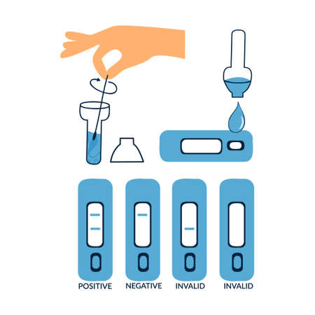 nasal pcr swab rapid self test kit. Step by step instructions, strip with reagents and positive or negative result. Flat vector illustration isolated on white backgroundのイラスト素材