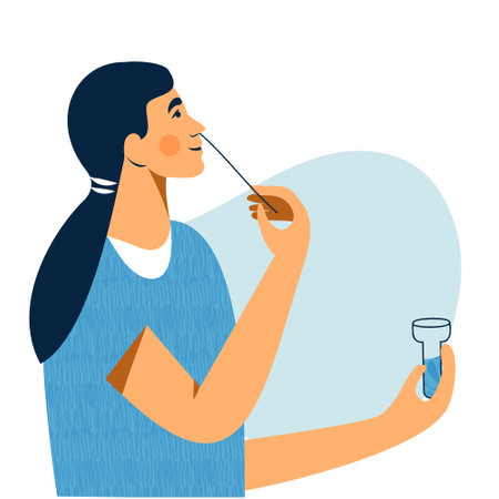 nasal pcr swab rapid self test. Young woman using antigen test kit with self-administered swab. Quick antibodies exam. Woman taking smear for COVID-19 test herself. Flat vector illustrationのイラスト素材