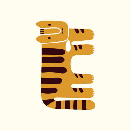 Simple abstract tiger for New Year 2022 greeting card or poster template. Cute funny character tiger cartoon hand drawn vector illustration isolated on white background. T shirt print, holiday animalのイラスト素材