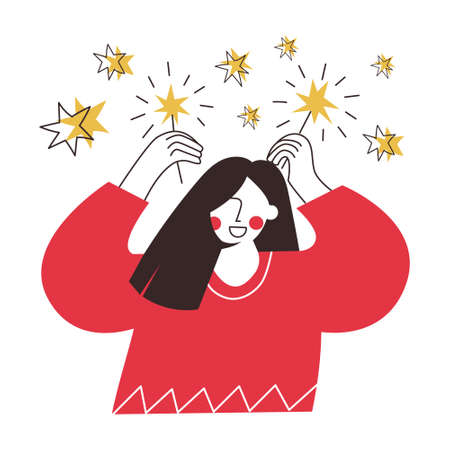 Woman with sparklers in hands celebrating event simple line flat vector cartoon illustration. Girl with bengal light and stars isolated on background. Shine bright winter holiday greeting cardのイラスト素材