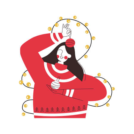 Decorated Christmas girl with garland and baubles. Xmas winter female character in red sweater. Woman celebrating Christmas or New Year. Vector flat cartoon illustration for greeting card, posterのイラスト素材